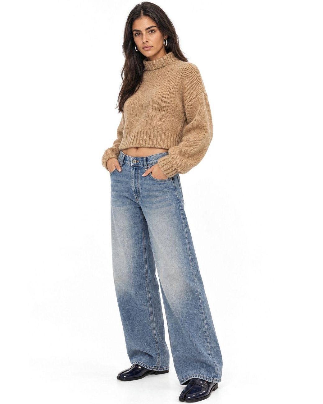 MixRay Blue Thick Turtleneck Textured Crop Sweater