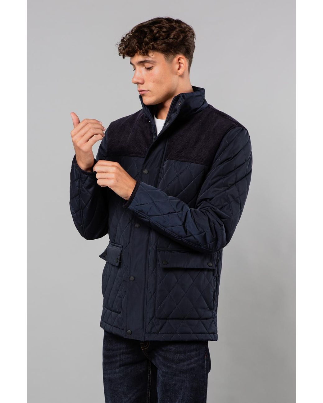 Kensington Eastside Blue Diamond Quilted Jacket With Corduroy Detail for men