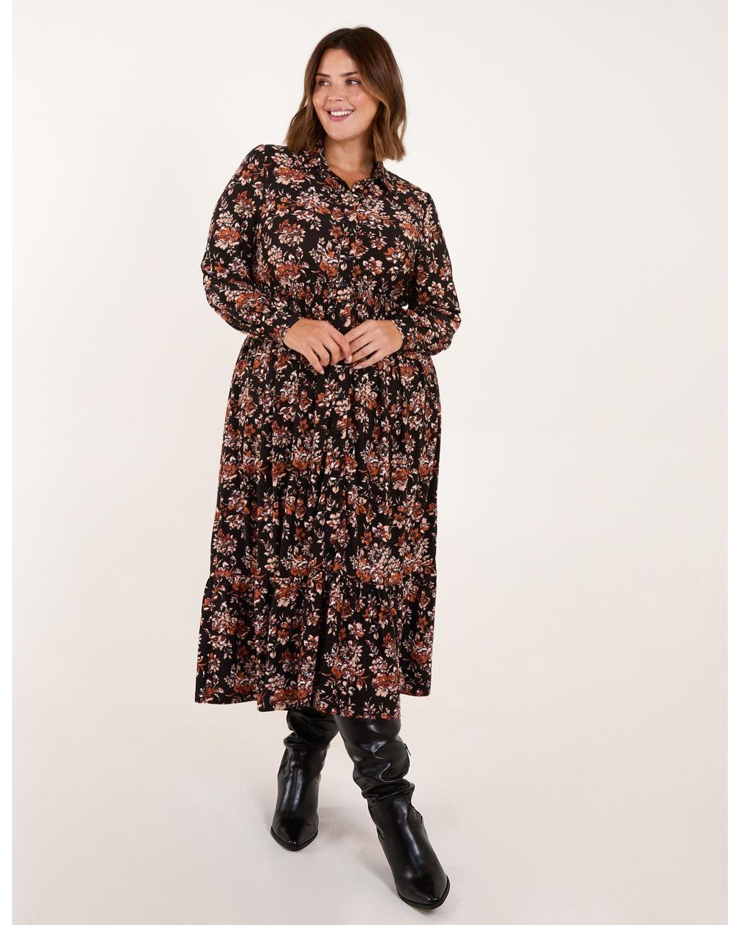 Blue Vanilla Brown Curve Shirred Waist Floral Printed Midi Shirt Dress