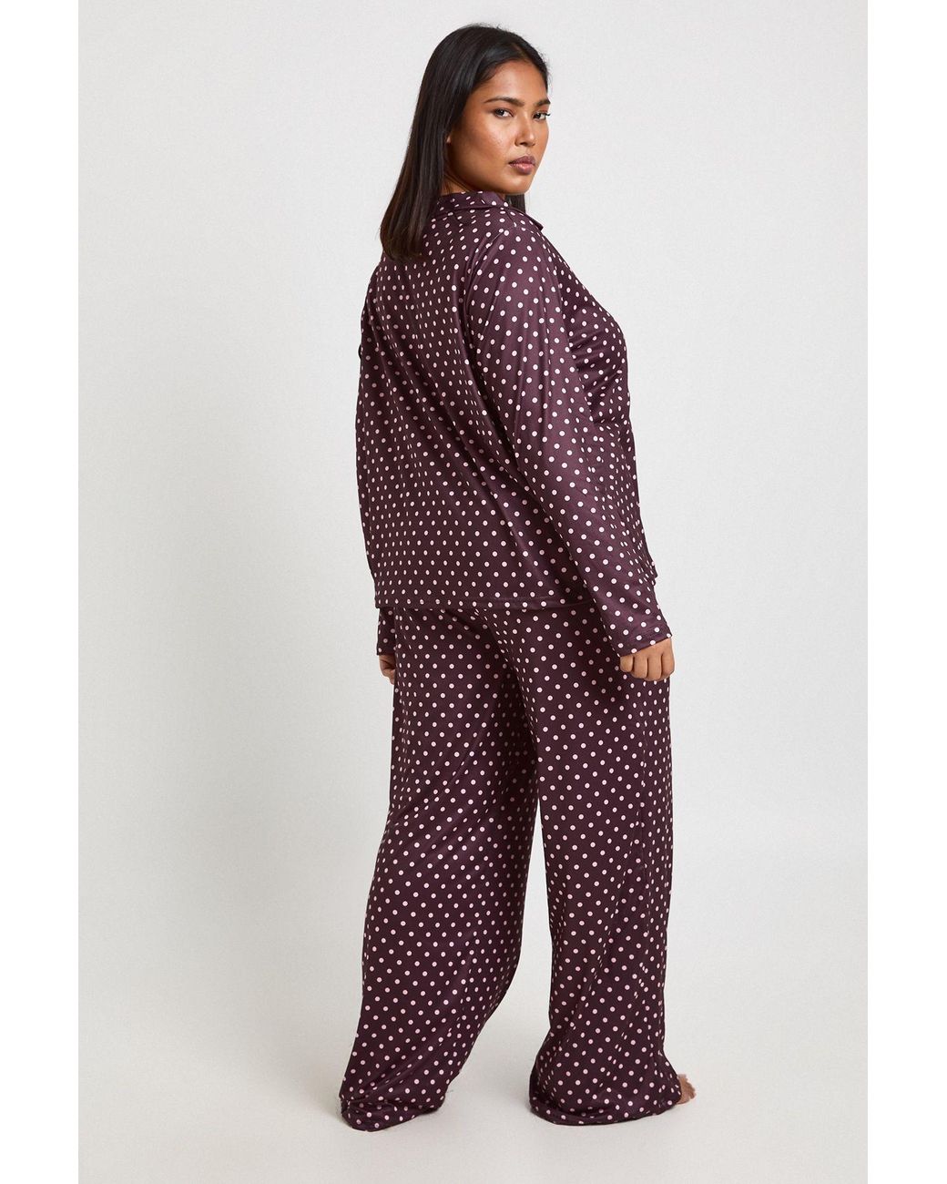 Boohoo Red Plus Polka Dot Print Long Sleeve Shirt & Trouser Pyjama Set
