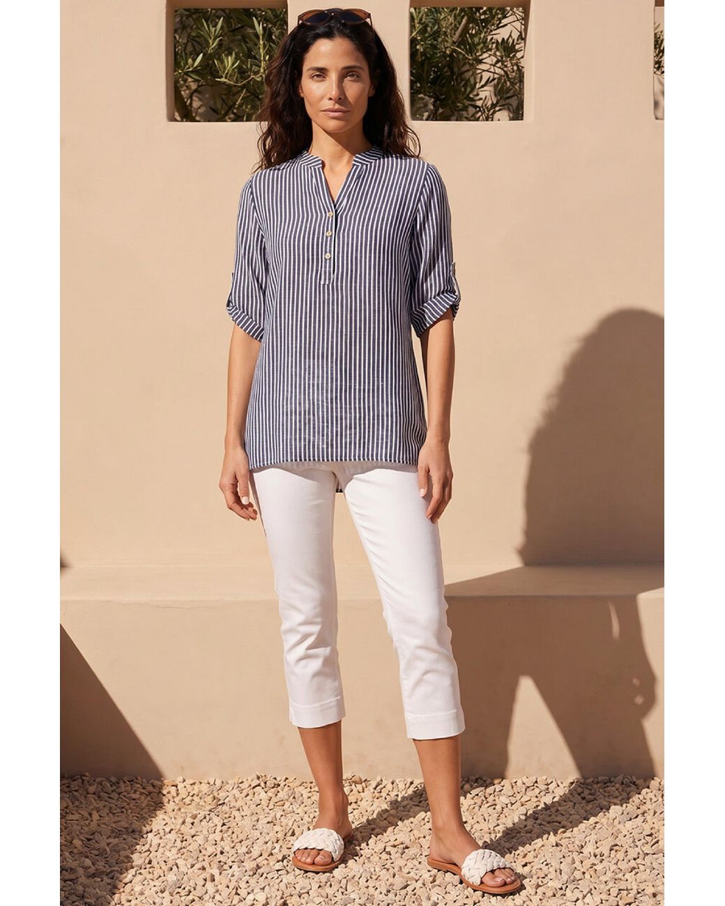 Roman Blue Classic Stripe Button Front Top