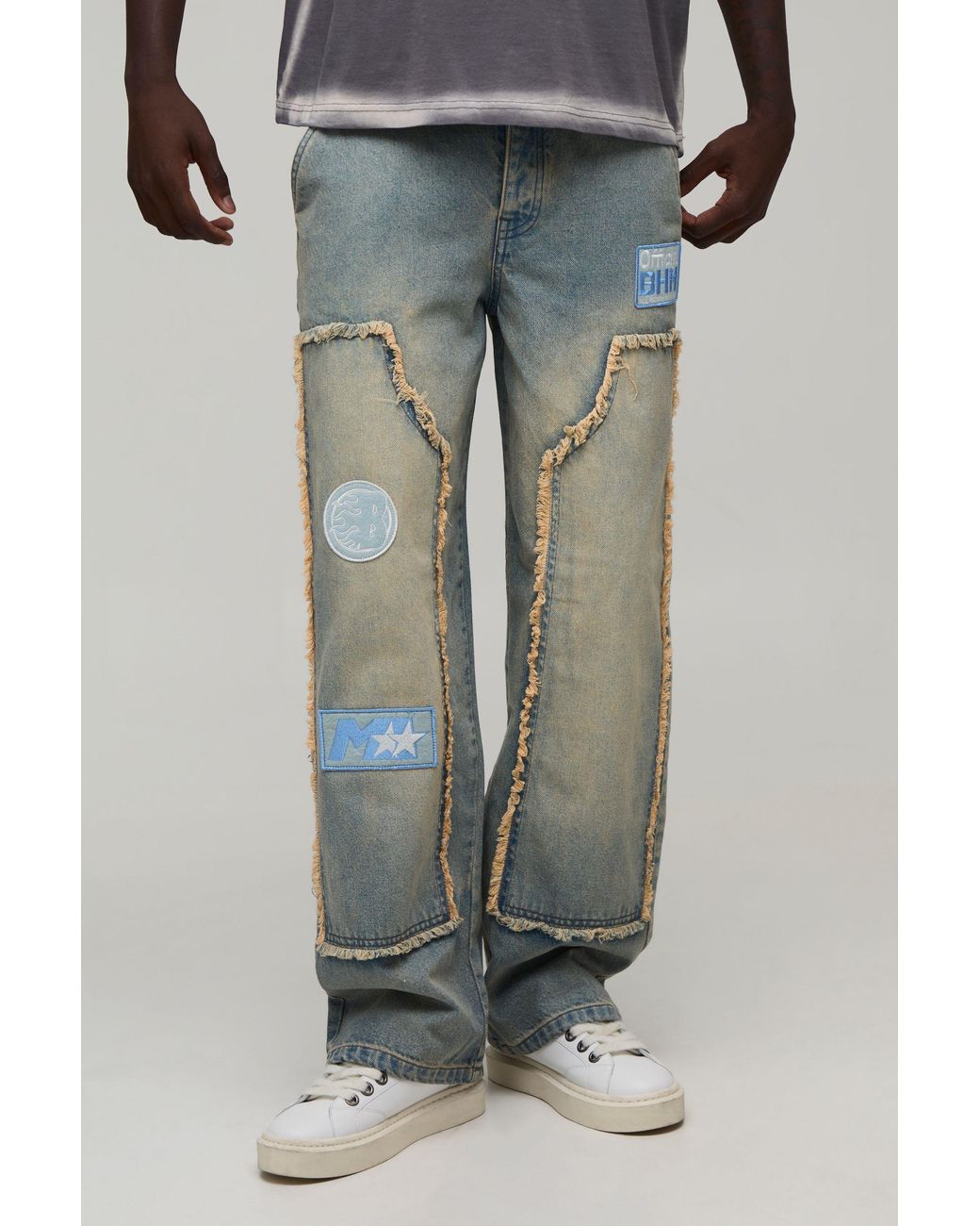 BoohooMAN Blue Relaxed Raw Edge Moto Carpenter Jeans for men