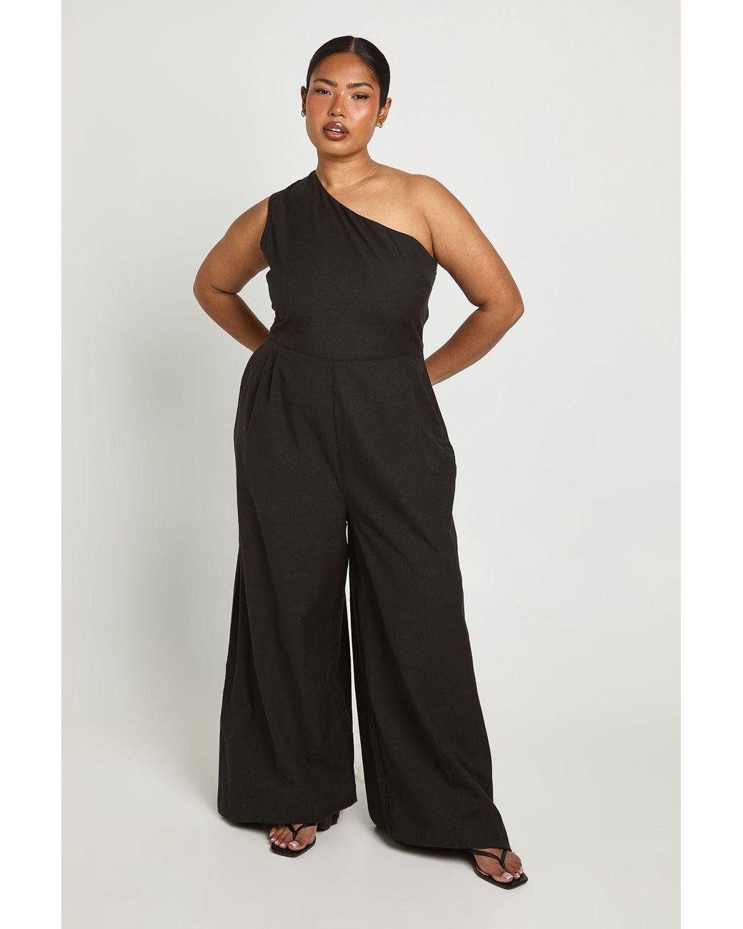 Boohoo Black Plus Linen One Shoulder Jumpsuit