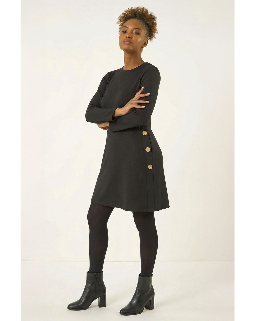 Roman Natural Side Button Detail Stretch Swing Dress