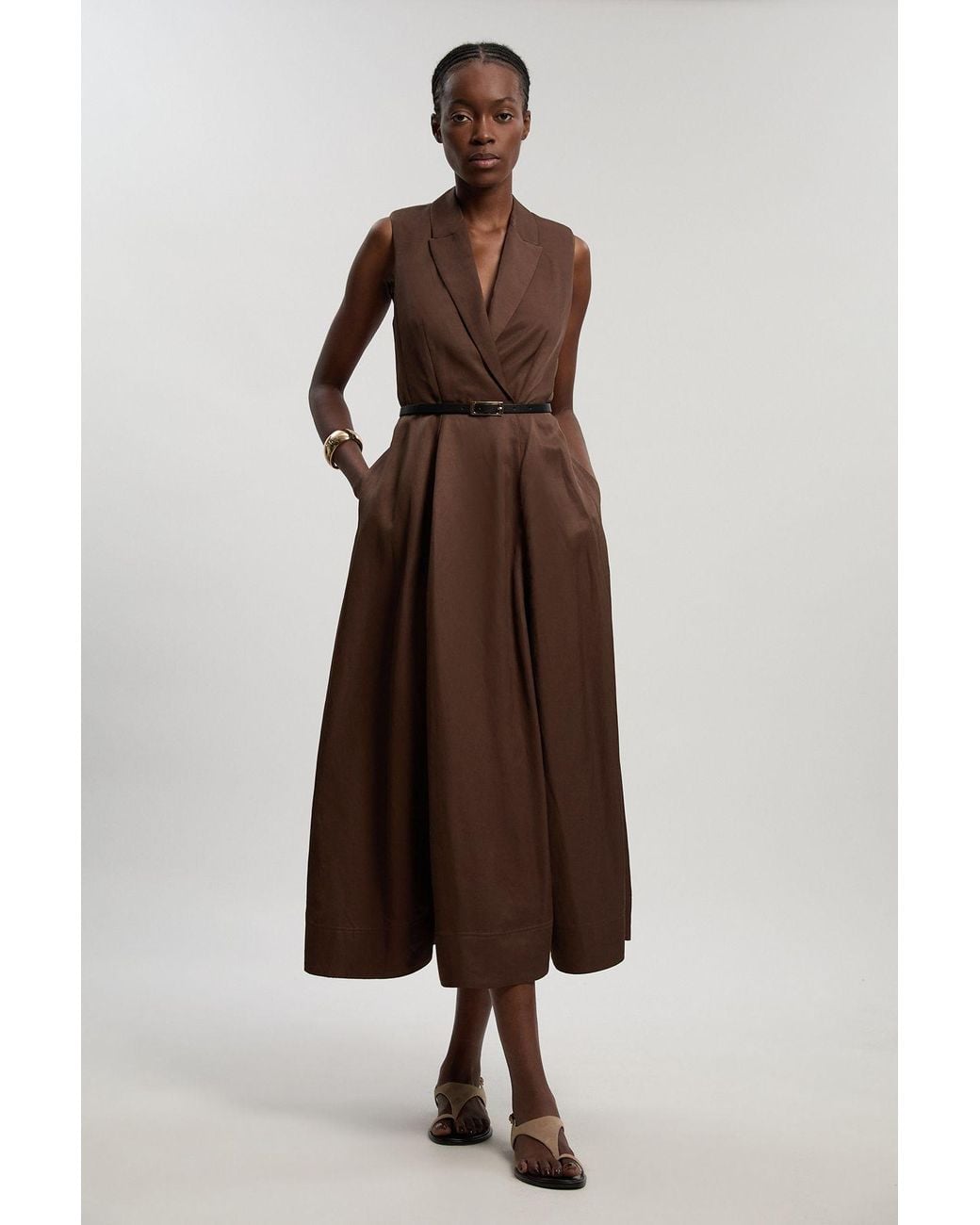Karen Millen Brown Premium Viscose Linen Tailored Belted Full Skirted Midi Dress