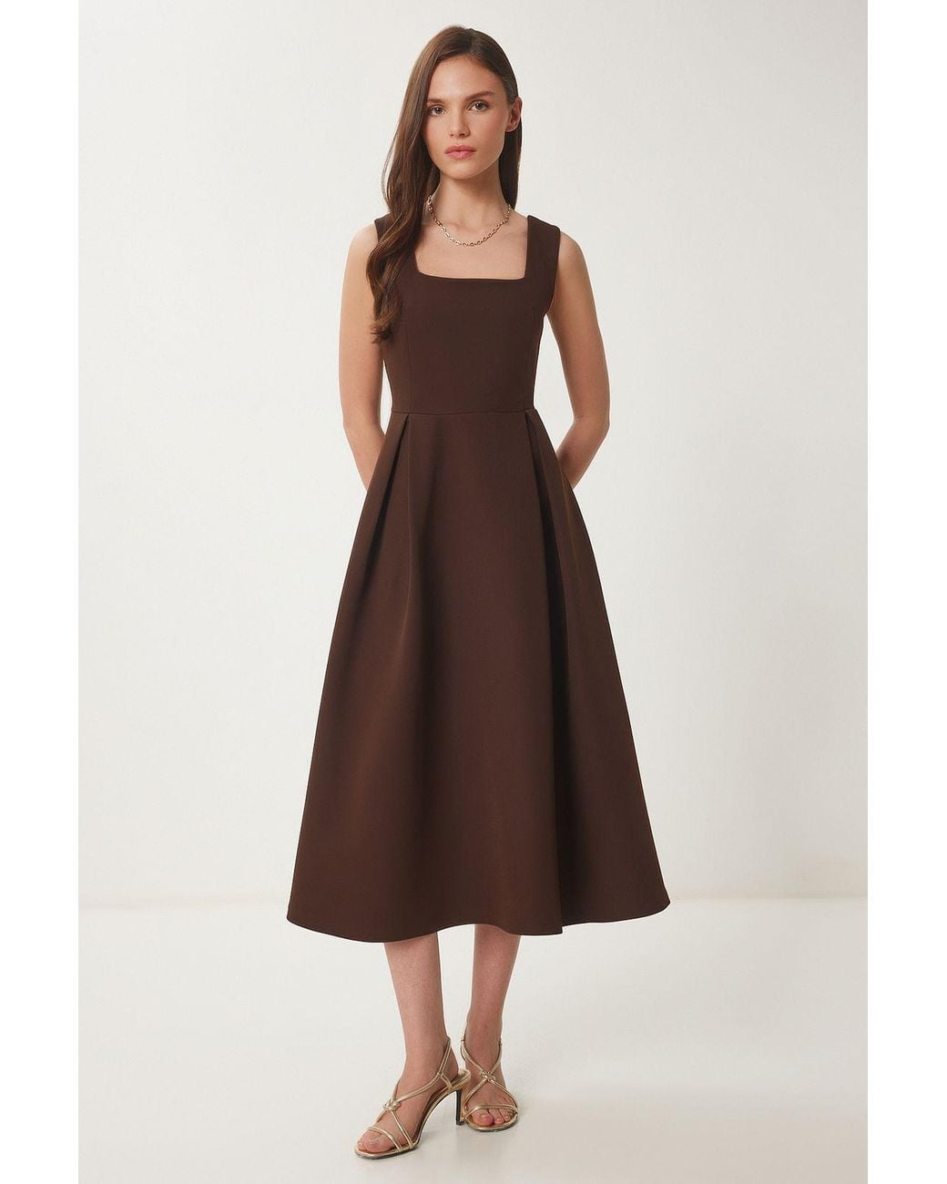 Happiness İstanbul Brown Square Collar A-Form Midi Dress With Zipper Closure