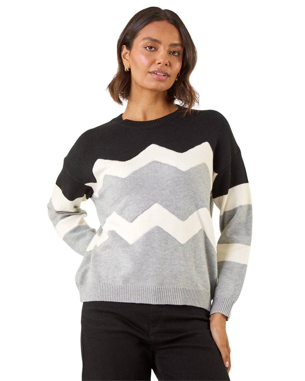 Roman Gray Colour Block Zig Zag Knit Jumper