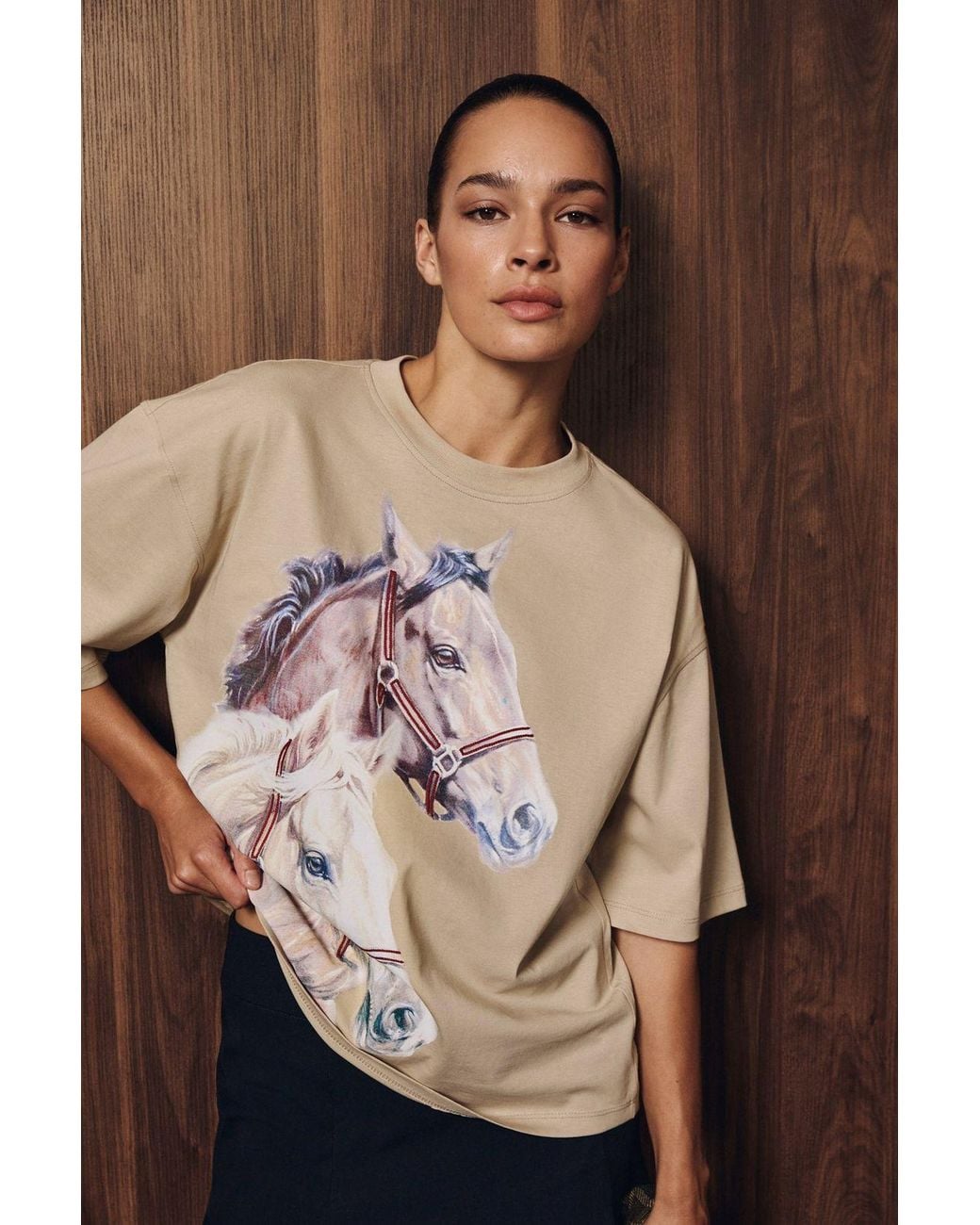 Grimelange Brown Printed Crew Neck T-Shirt