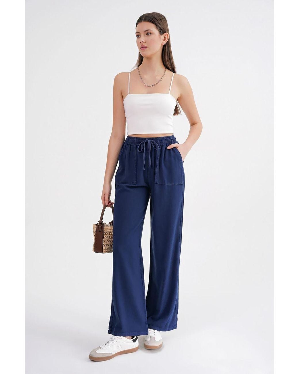 MixRay Blue Mid Waist Straight Leg Cotton Pants With Tie Closure