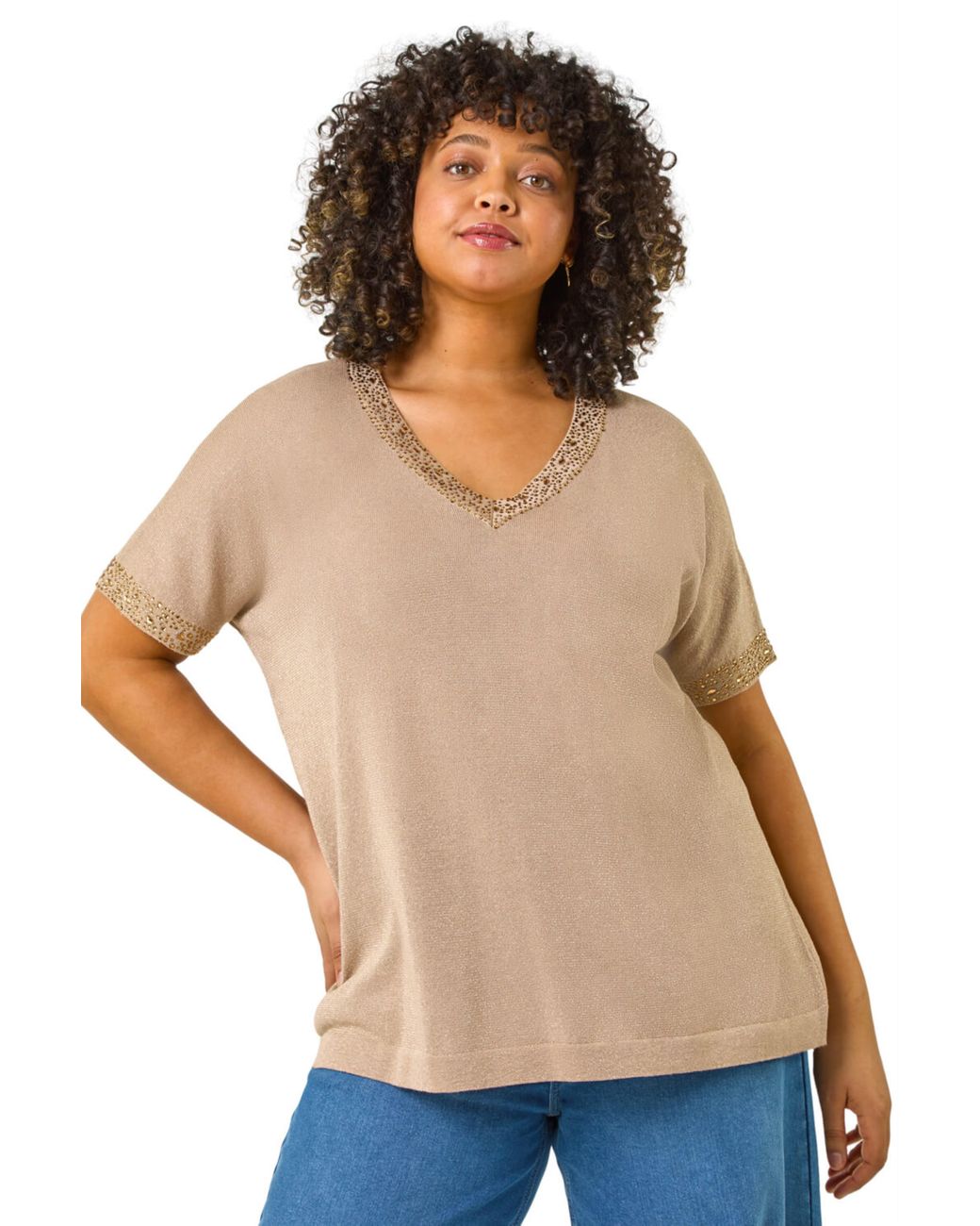 Roman Metallic Curve Hotfix V-Neck Knit Top