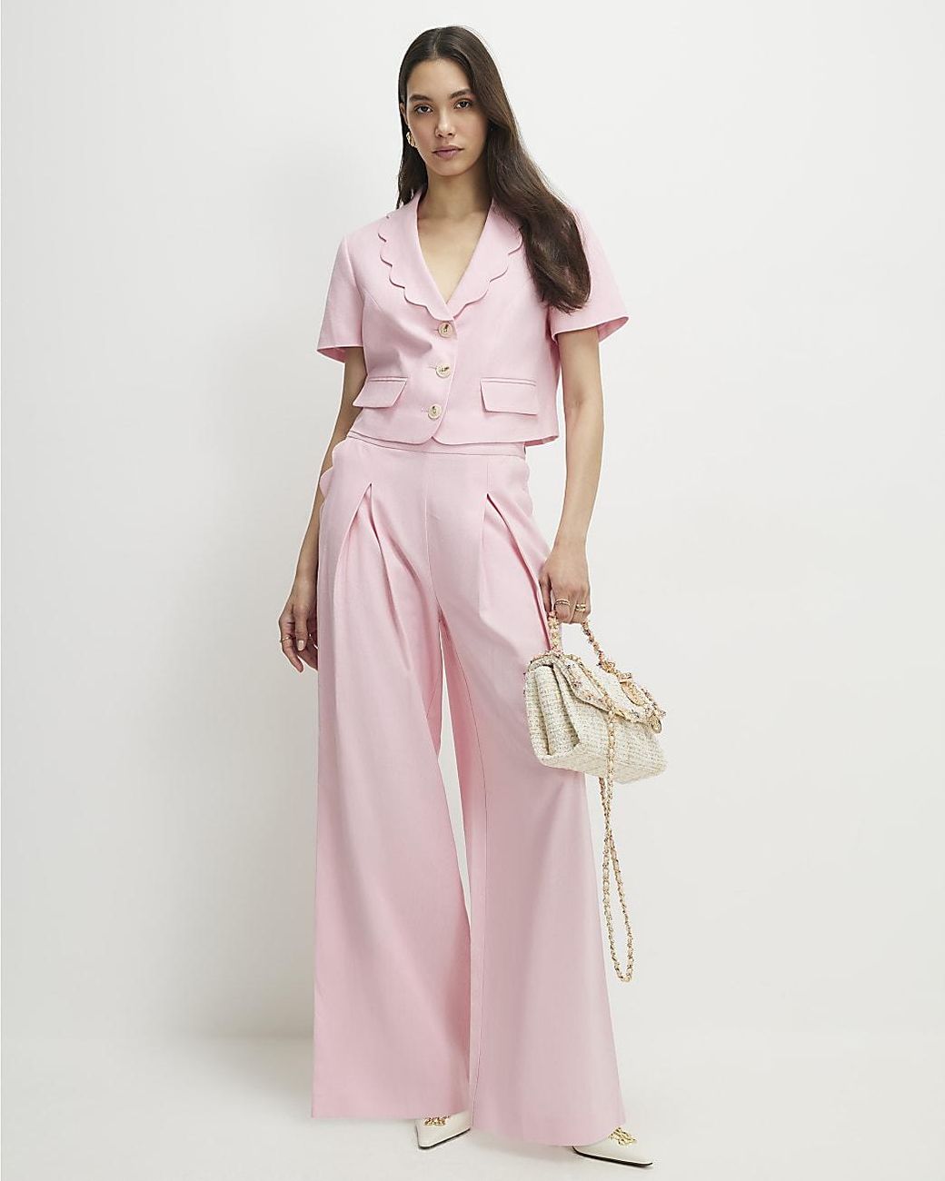 River Island Pink Jacket Linen Blend Cropped Scallop Trim