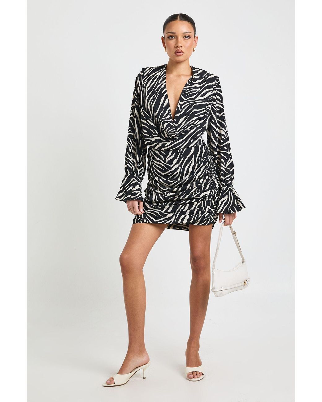 Boohoo Black Zebra Print Chiffron Cowl Neck Shirt Dress