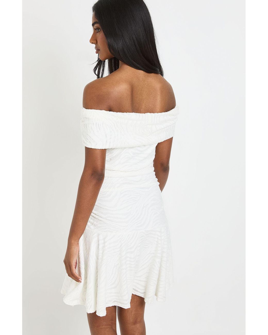 Boohoo White Burnout Zebra Twist Bardot Frill Hem Dress