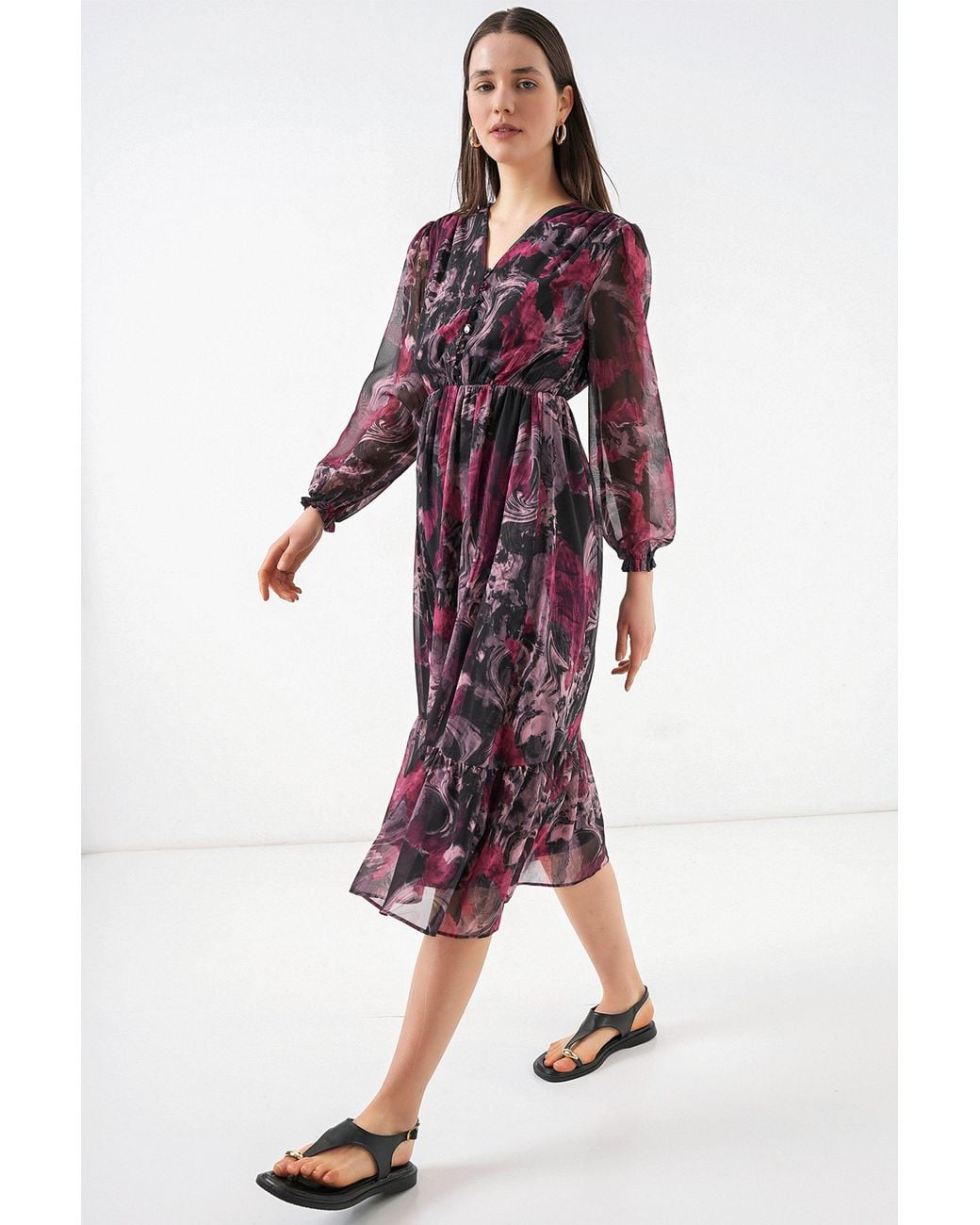 Bigdart Red V-Neck Midi Dress With Button Closure