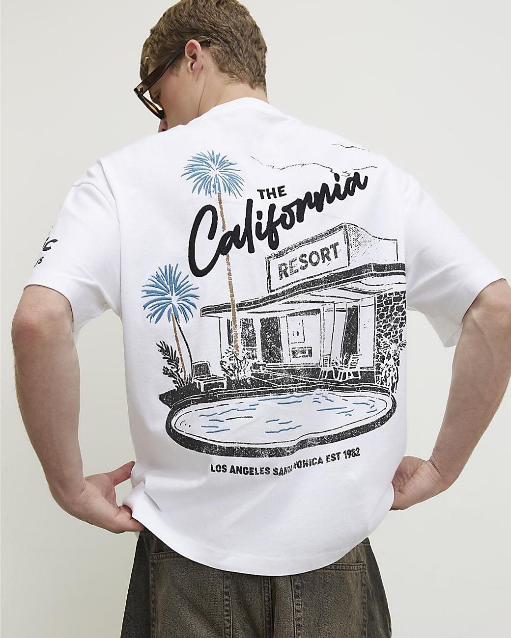 River Island White T-Shirt Oversized Fit Boulevard Graphic Cotton for men