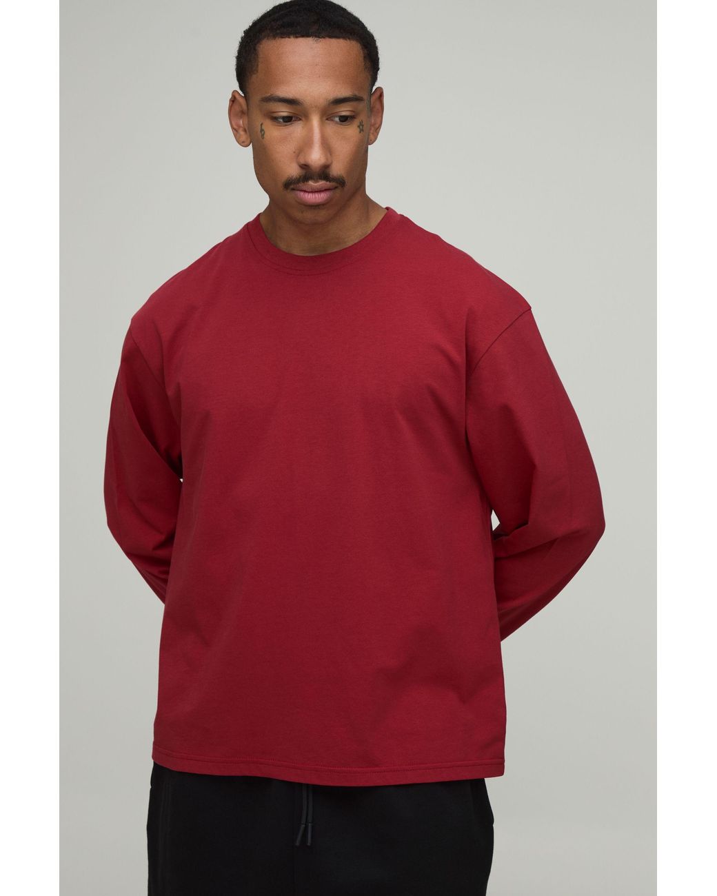 BoohooMAN Red Essential Oversized Long Sleeve T-Shirt for men