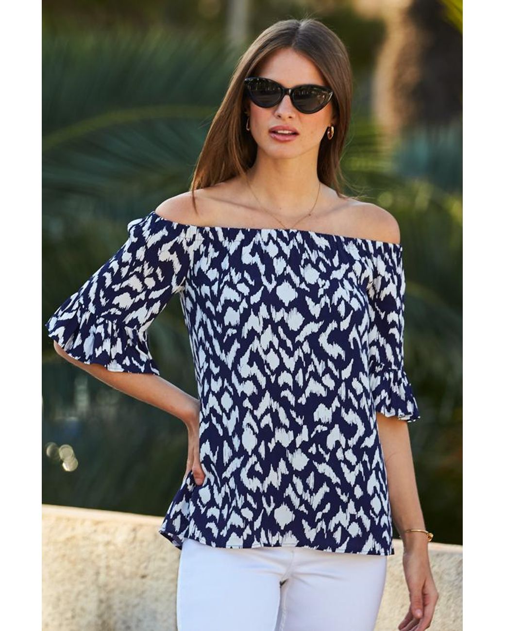 Sosandar Blue Aztec Fluted Sleeve Bardot Top Viscose