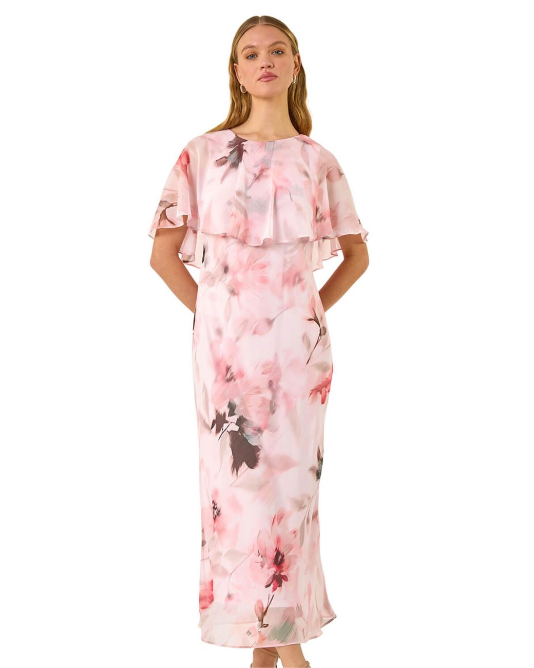 Roman Pink Floral Frill Chiffon Cape Midi Dress