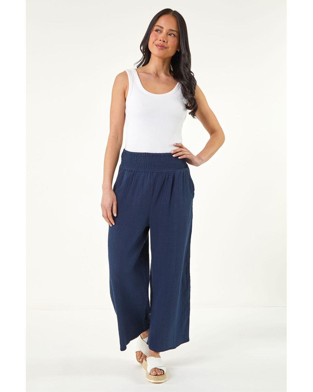 Roman Blue Petite Shirred Waist Trouser