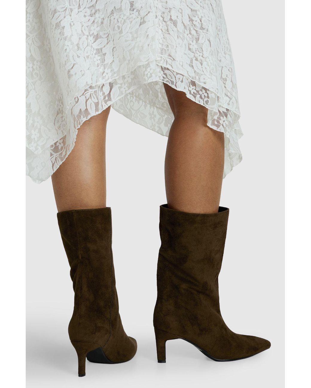 Boohoo White Faux Suede Calf High Mid Heel Stiletto Boots