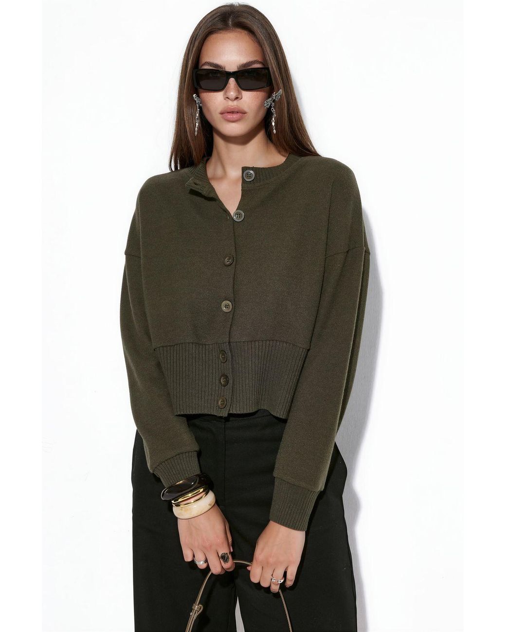 Busem Green Crop Ribbed Button Cardigan