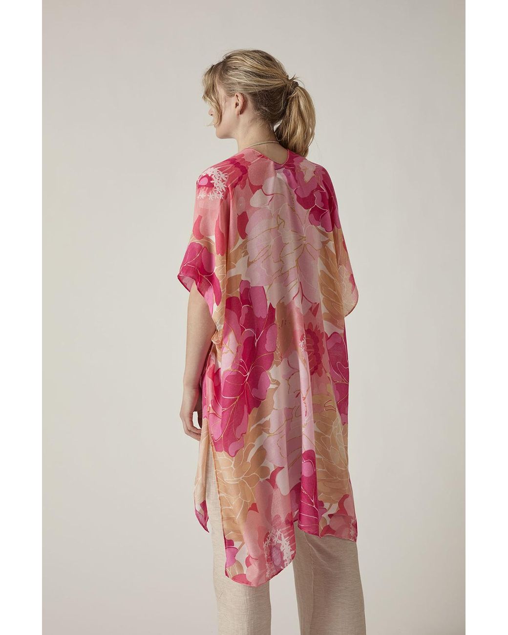 James Lakeland Pink Peony Floral Print Beach Kaftan Cover-Up