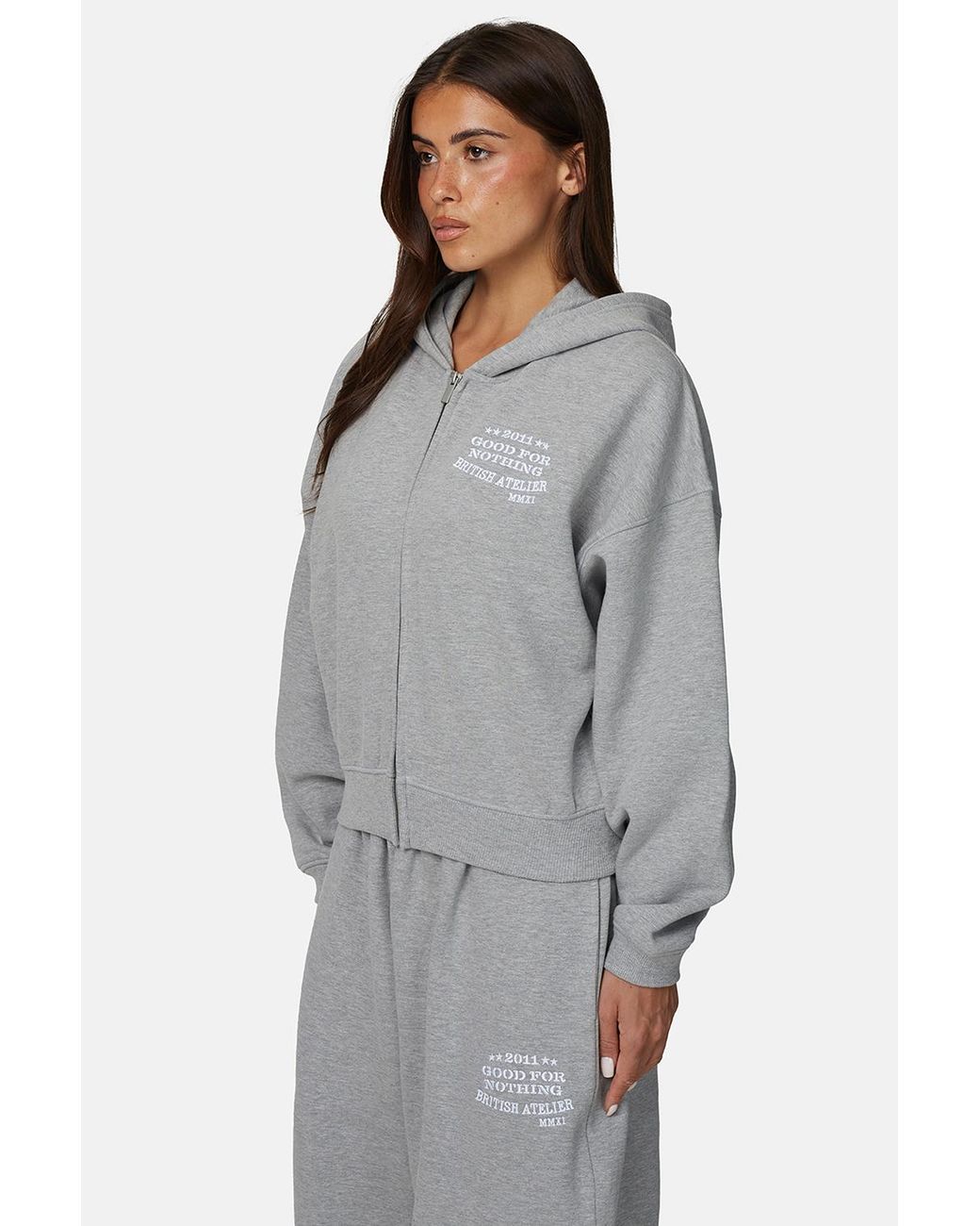 Good For Nothing Gray Baggy Zip Hoodie With Embroidered Logo