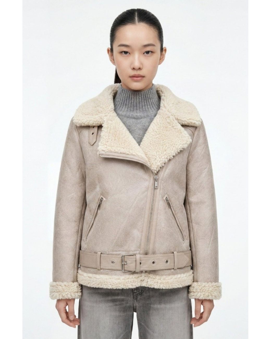 Elle Natural Jolie Faux-Shearling Biker Jacket
