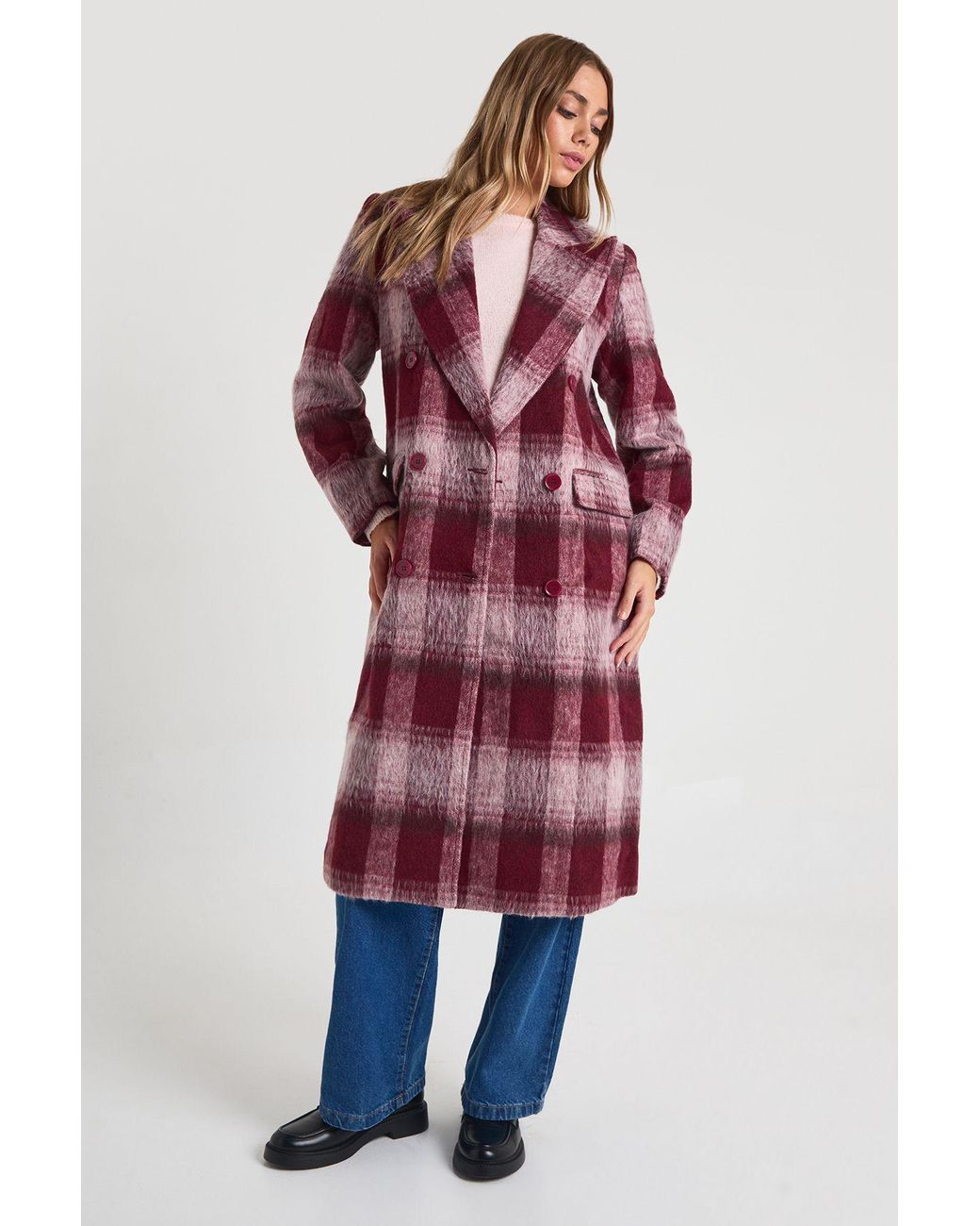 Boohoo Red Check Oversized Double-Breasted Coat