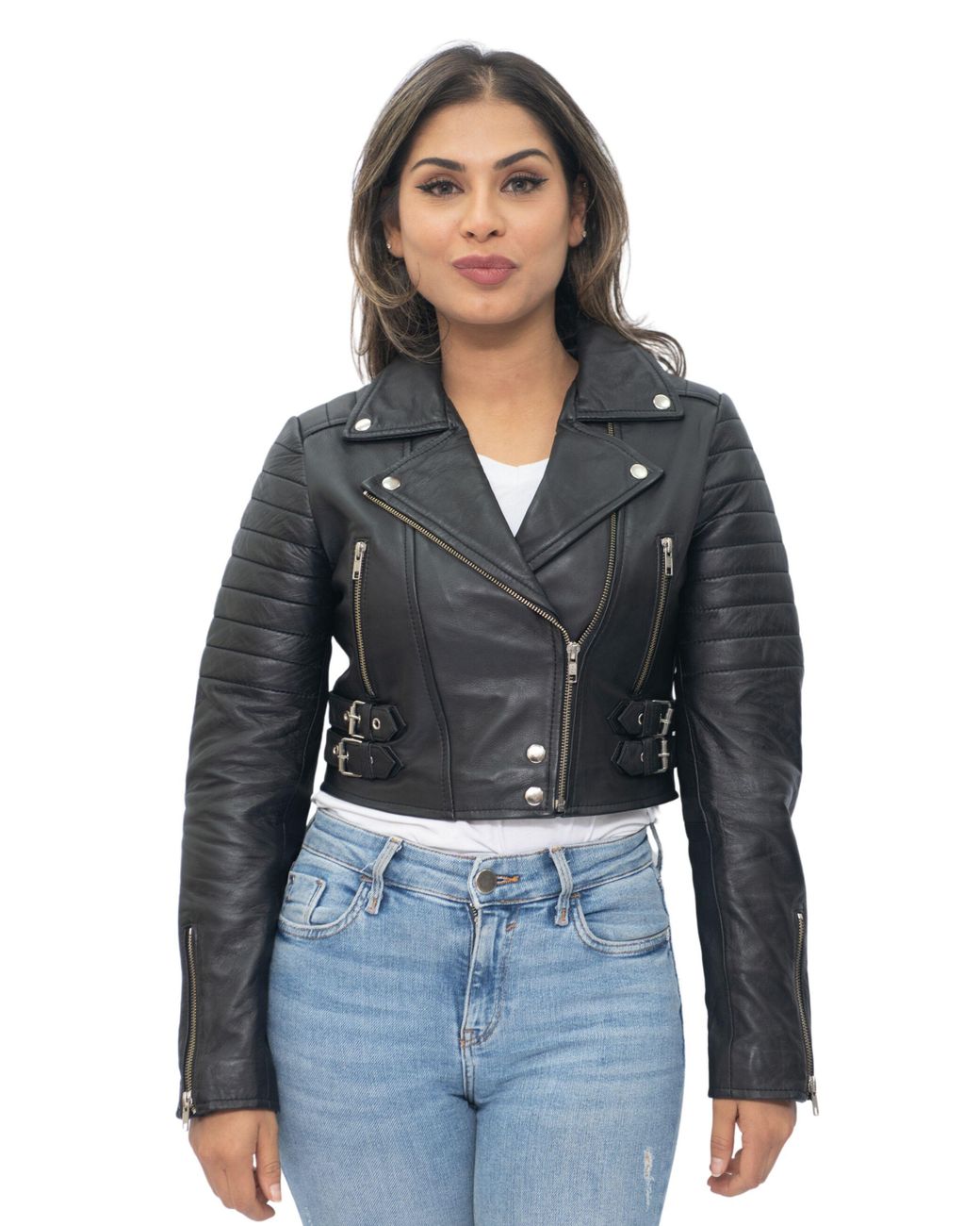 Infinity Leather Black Cropped Brando Biker Jacket-Damascus