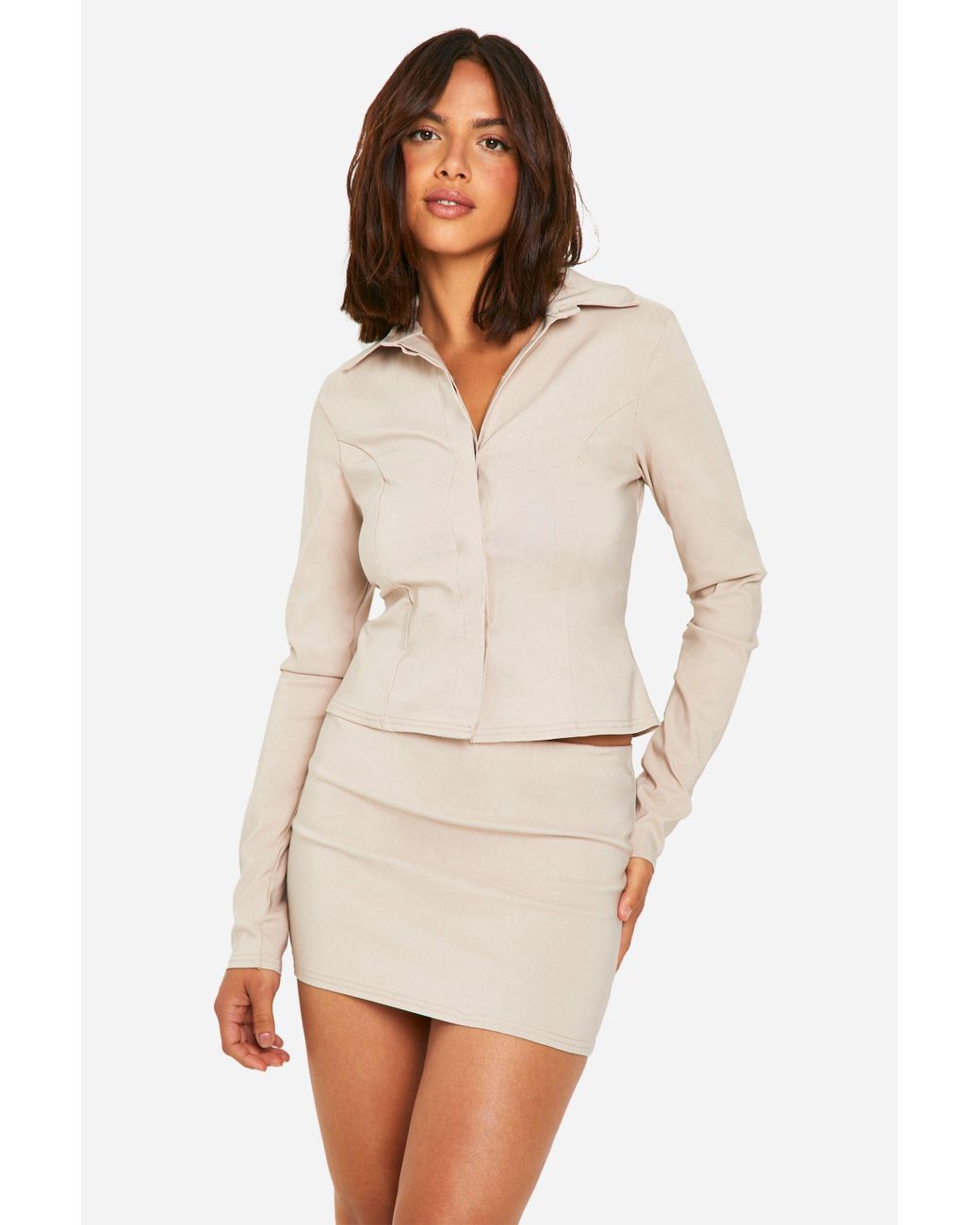 Boohoo Super Stretch Fitted Shirt Micro Mini Skirt in White