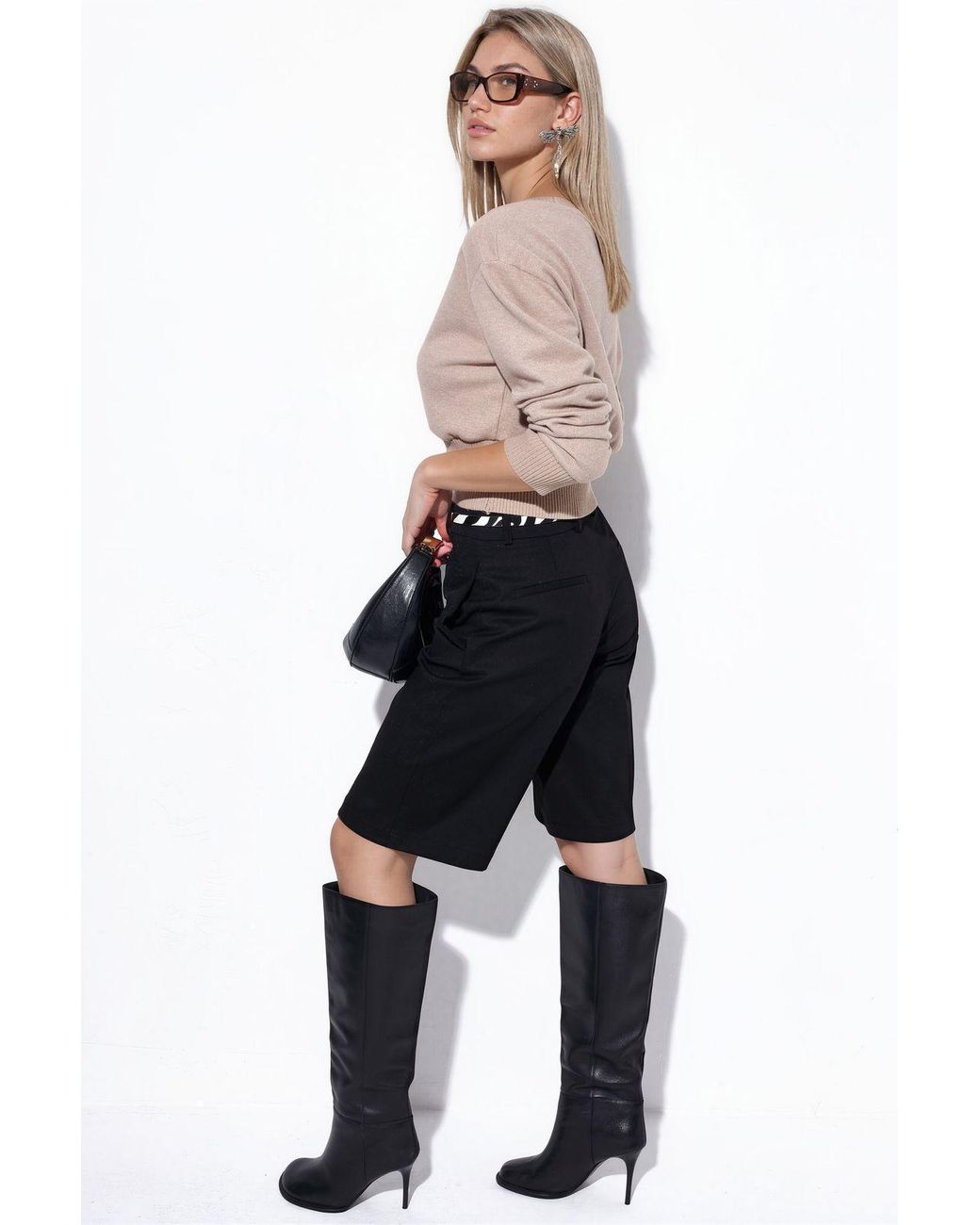 Busem Blue Ribbed Crop Crew Neck Sweater