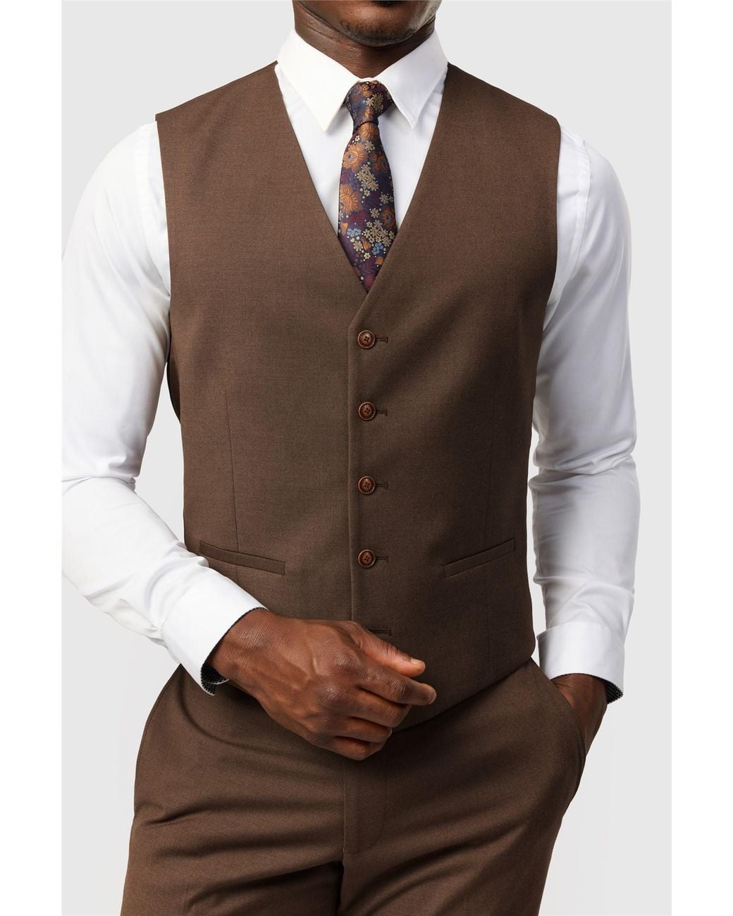 Antique Rogue Brown Single Breasted Sleeveless Five Button V-Neck Slim Fit Waistcoat for men