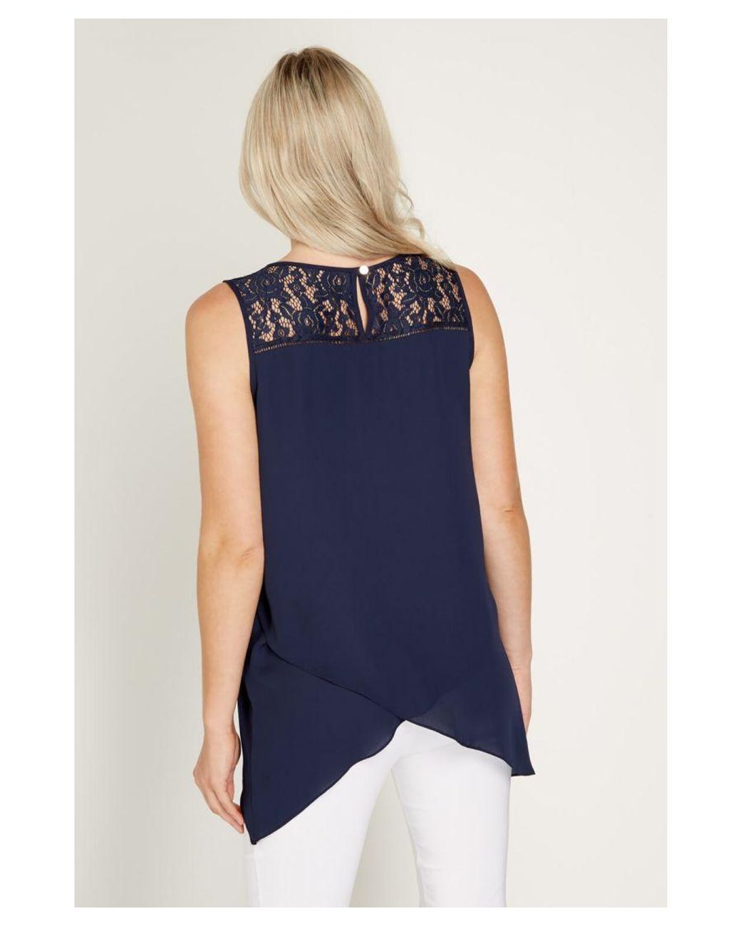 Roman Blue Lace Yoke Asymmetric Vest Top