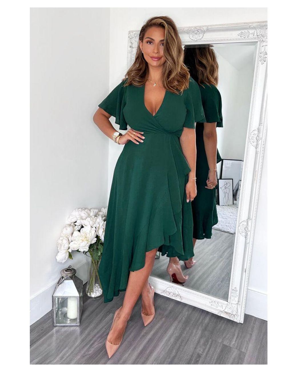 AX Paris Wrap Over Top Frill Hem Midi Dress in Green Lyst UK