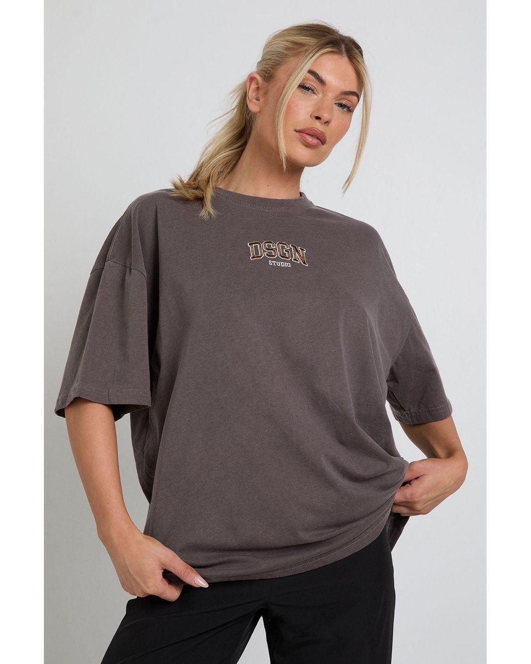 DSGN Studio Gray Embroidered Overdyed Oversized T-Shirt