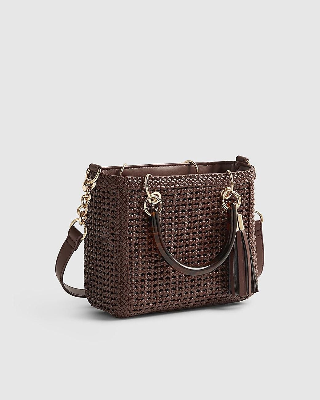River Island Brown Mini Tote Bag Woven Zip Top Fandle Pu