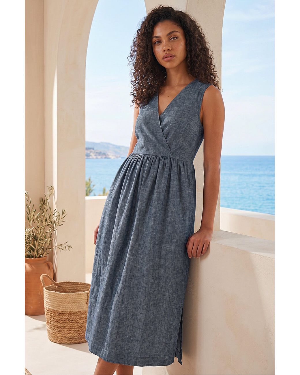 Roman Blue Petite V-Neck Tunic Dress