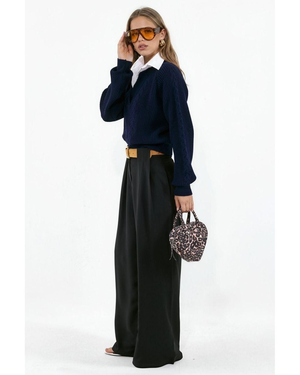 Hiccup Blue Patterned Knit Sweater With Shirt Collar