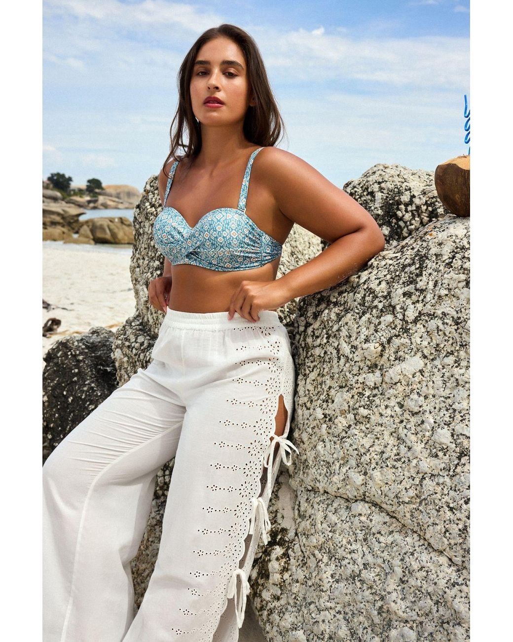 Penti White Embroidered Wide-Leg Pull-On Trousers