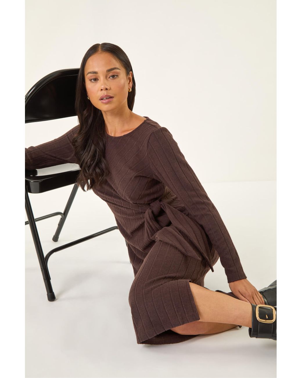Roman Red Petite Brushed Tie Waist Stretch Midi Dress