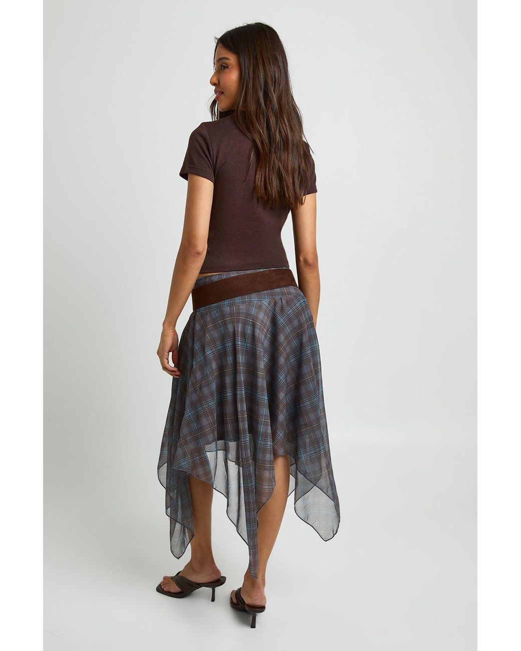 Boohoo Gray Chiffon Hanky Hem Check Midi Skirt