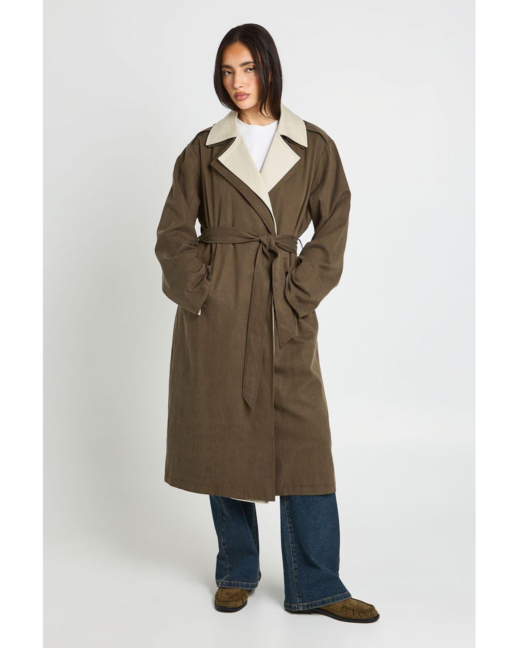 Boohoo Green Double Layer Detail Longline Trench Coat