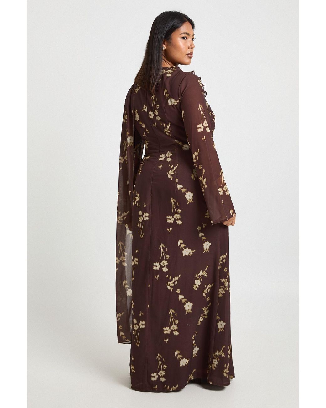 Boohoo Brown Plus Ruffle Front Seam Scarf Detail Maxi Dress