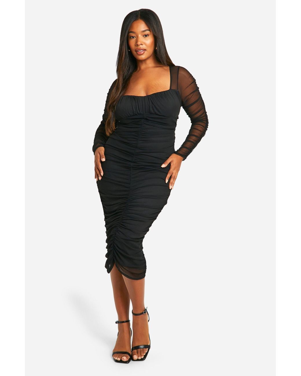 Boohoo Black Plus Mesh Ruched Midi Dress