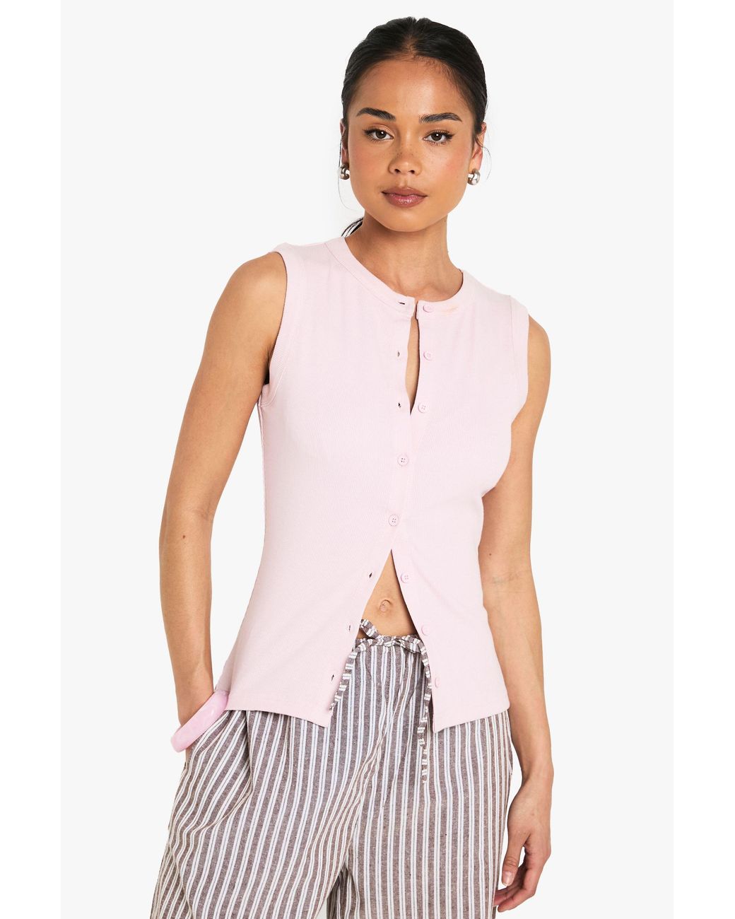 Boohoo White Ribbed Button Front Longline Top