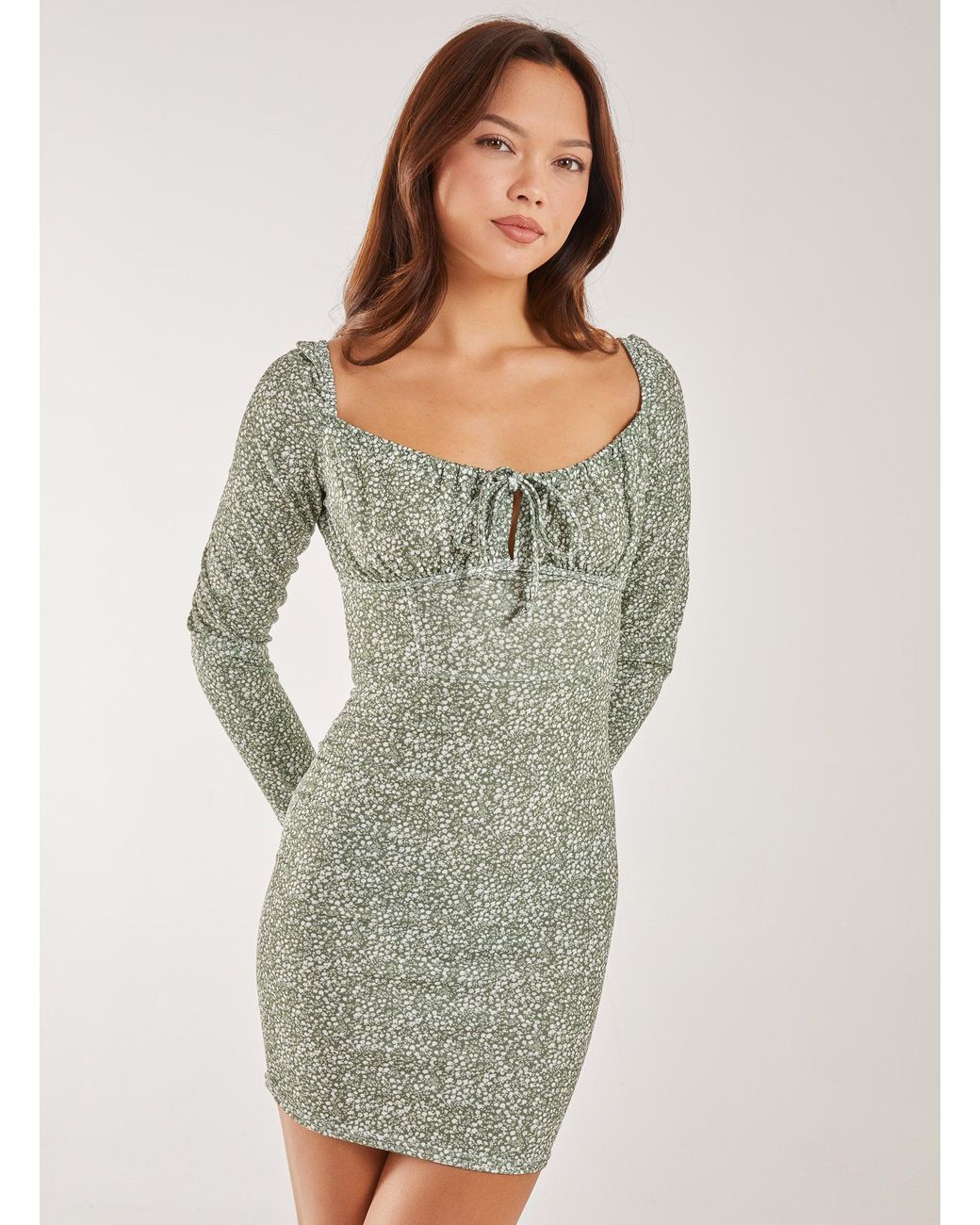 Pink Vanilla Gray Long Sleeve Ditsy Floral Dress