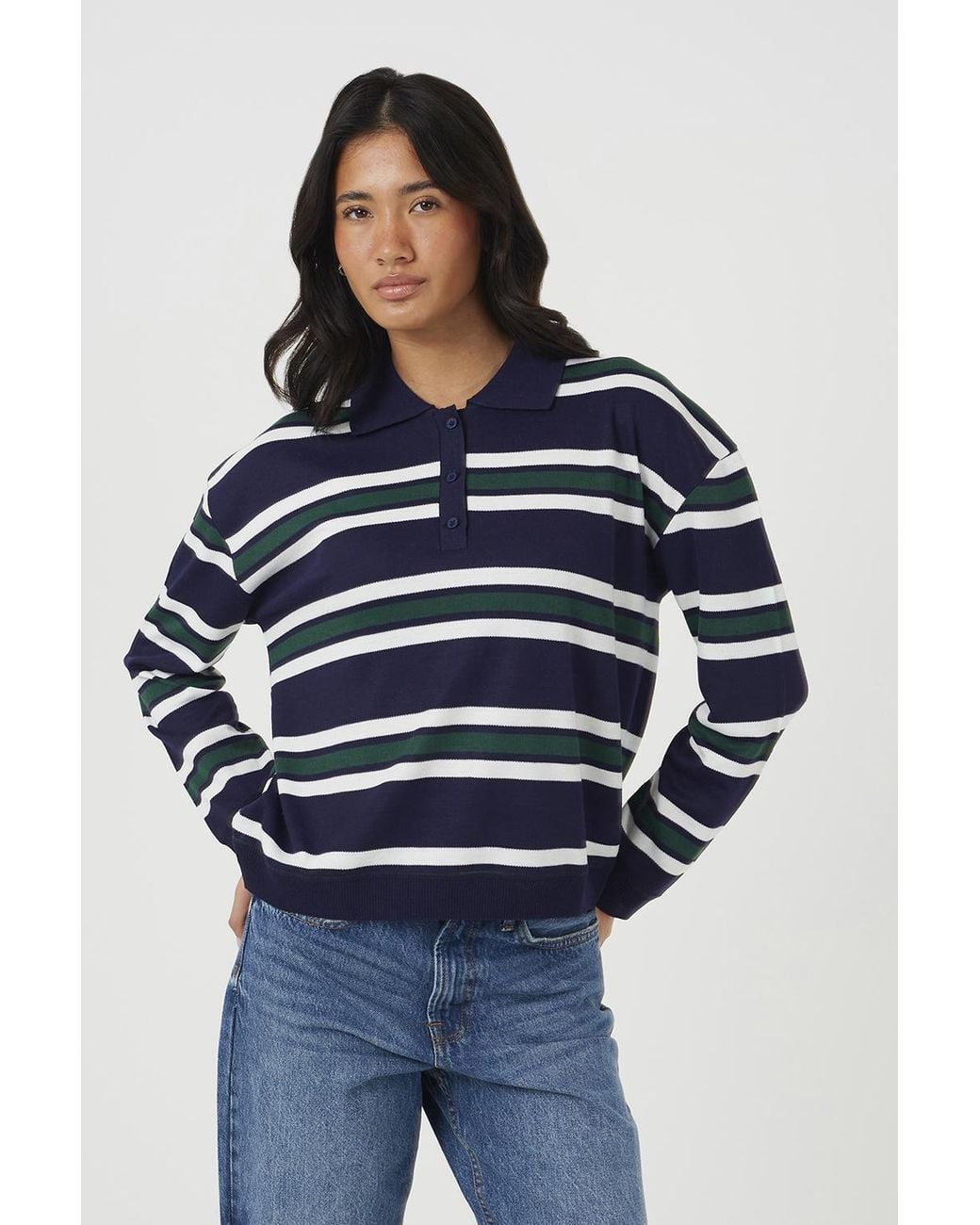 Brave Soul Blue Long Sleeve Striped Knit Polo Jumper