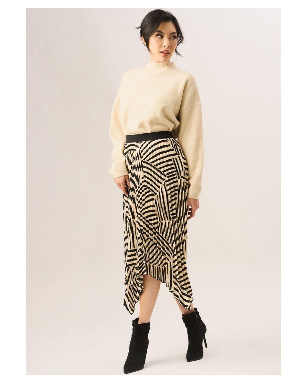 Gini London Natural Assymetric Hem Pleated Midi Skirt
