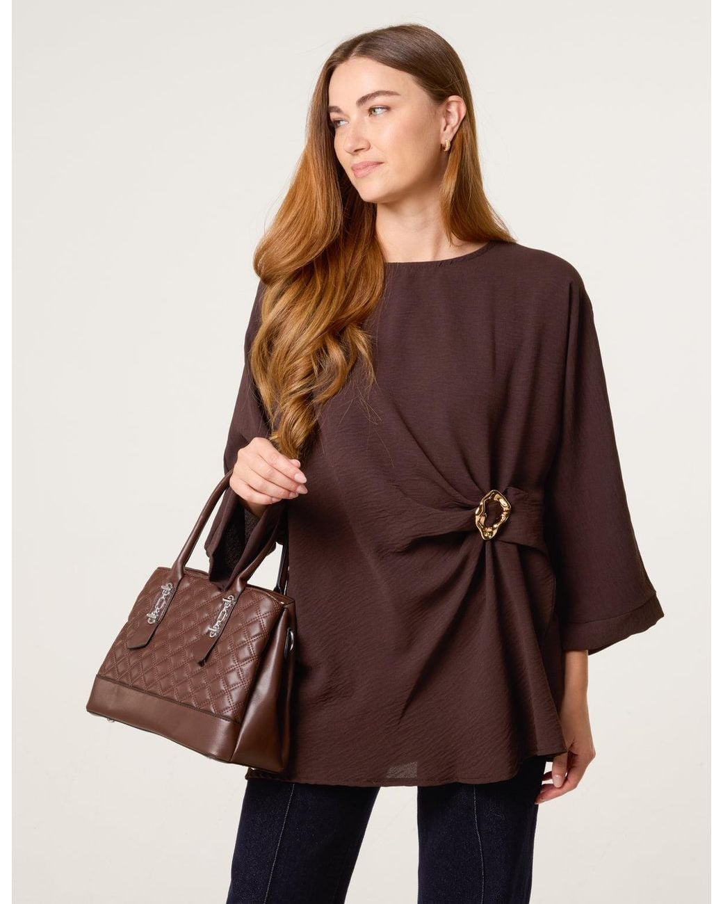 Blue Vanilla Brown Detail Side Gathered Blouse